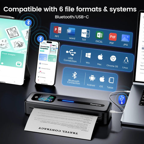 Upgraded Portable Wireless Printer With Touchscreen, Bluetooth Thermal Inkless M832D shown connecting via Bluetooth and USB-C.