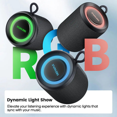 Rugged Waterproof Bluetooth Speaker With Lights, 15W Loud Stereo Sound, showing dynamic RGB light effects, IP67 dustproof.