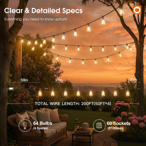 198 Ft Outdoor String Lights With Remote Dimming And Timer Waterproof Patio Lighting shining over outdoor seating at sunset.