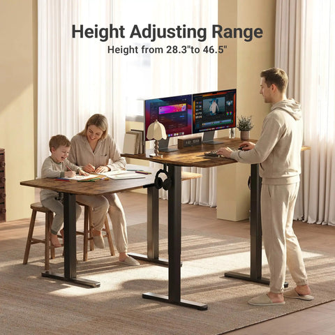 Family using Electric Adjustable Standing Desk For Home Office With 24 By 48 Inch Workspace Sit Stand Design Splice Board Top Black Frame
