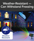 Outdoor Holiday Laser Light Projector Set Of 2 With 9 Enhanced Modes, illuminating a house with colorful patterns in winter.