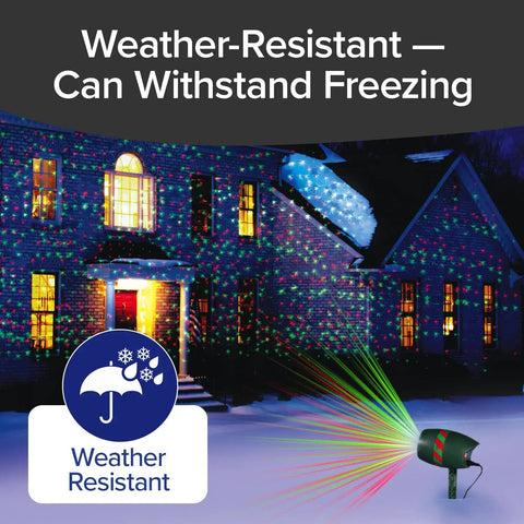 Outdoor Holiday Laser Light Projector Set Of 2 With 9 Enhanced Modes, illuminating a house with colorful patterns in winter.