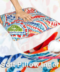 Colorful patterned outdoor throw pillow being pressed to show softness and high resilience material. Part of Outdoor Throw Pillows Set Of 2 18x18 Waterproof Weather Resistant Cushions With Inserts, Durable Square Patio Decor Pillows For Patio Furniture, All Weather Ready For Rain Snow And Sun.