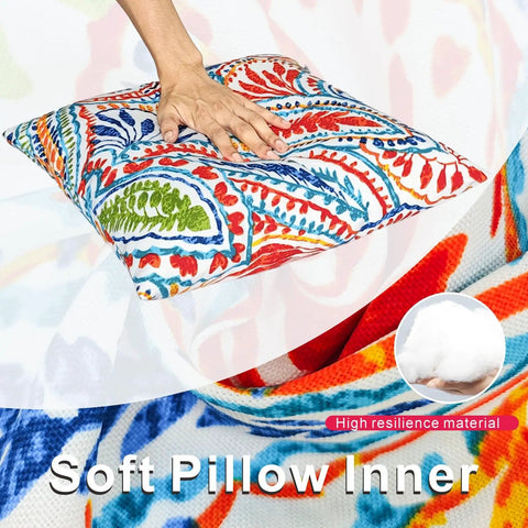 Colorful patterned outdoor throw pillow being pressed to show softness and high resilience material. Part of Outdoor Throw Pillows Set Of 2 18x18 Waterproof Weather Resistant Cushions With Inserts, Durable Square Patio Decor Pillows For Patio Furniture, All Weather Ready For Rain Snow And Sun.