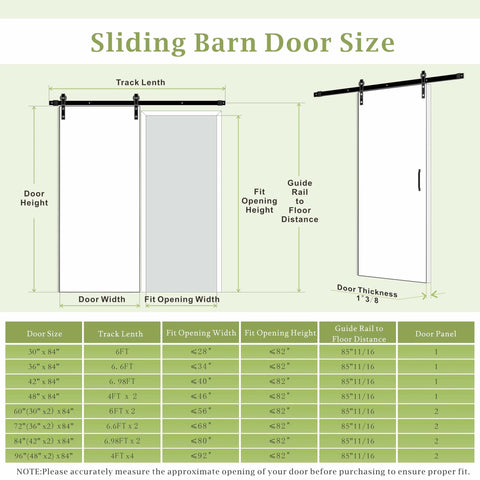 36 By 84 Inch Sliding Barn Door MDF With Waterproof Surface DIY Assembly Ready Pre Drilled Slab With Installation Hardware Kit Black Finish Durable Home Interior Room Door size chart with measurements and diagram.