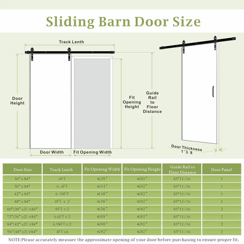 Diagram showing Sliding Barn Door Kit With Waterproof MDF Panel, 84 Inch Tall By 30 Inch Wide, with size specifications and dimensions.