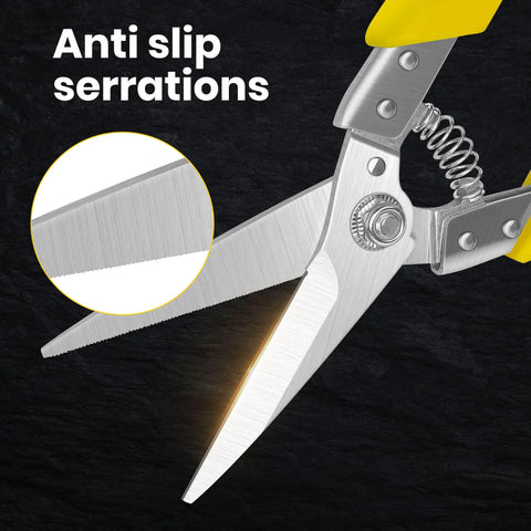 Close-up of 8.7 Inch Tin Snips Heavy Duty Metal Cutter with stainless steel blades showing non-slip serrated edge detail