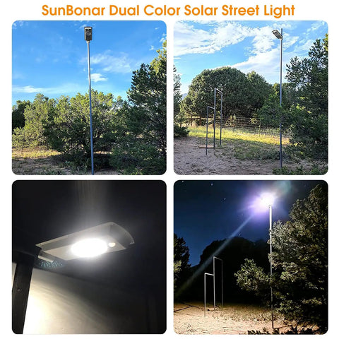Dual Color Solar Street Light With Remote Dimmable 6000K Cool White And 3000K Warm White Dusk To Dawn Aluminum Flood Light in garden