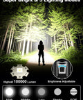 Rechargeable Beast Mode Flashlight With Ultra Bright 100000 Lumens illuminating a forest path, showcasing lighting modes.