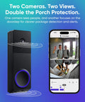 Wireless Duo Cam Video Doorbell With Chime Included, Battery Powered, 2K Full HD Video displayed next to smartphone interface.