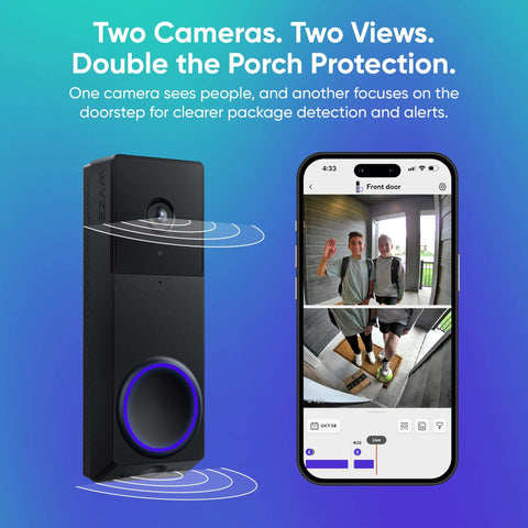 Wireless Duo Cam Video Doorbell With Chime Included, Battery Powered, 2K Full HD Video displayed next to smartphone interface.