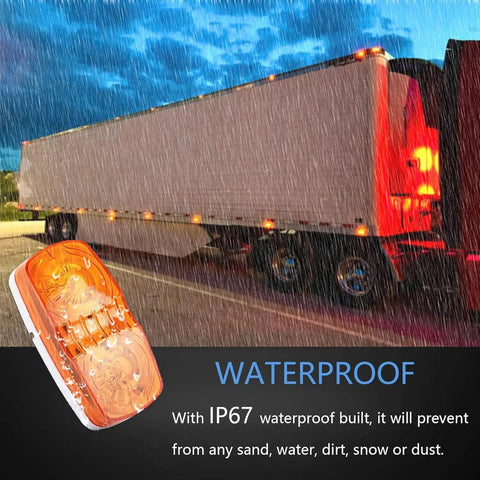 Amber Red 2x4 Inch Double Bullseye Trailer Marker Light Set With 10 LED Per Light in rain highlighting waterproof feature on truck
