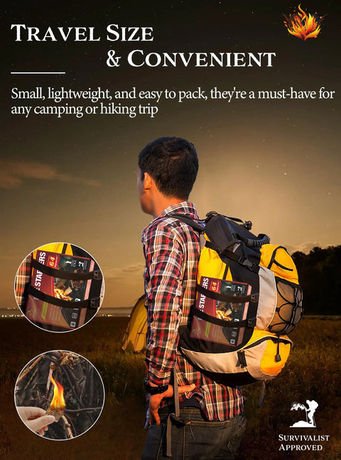 Man with backpack containing Easy Burn Fire Starter Squares For Wood Stoves No Mess Campfires Grills And Fireplaces Natural