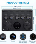 5 Gang 12V Marine Rocker Switch Panel With Waterproof Build, USB Touch Switch And Dual QC3 USB Ports For Boats, Power Saver Toggle, Blue LED Indicator, 5.91x3.54 in