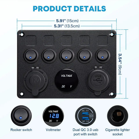 5 Gang 12V Marine Rocker Switch Panel With Waterproof Build, USB Touch Switch And Dual QC3 USB Ports For Boats, Power Saver Toggle, Blue LED Indicator, 5.91x3.54 in