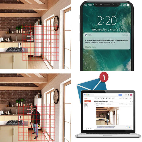 Collage showing 5MP H.265 Weatherproof IP Dome Camera alerts on phone and laptop with grid detection on living room footage.