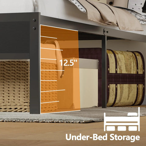 Heavy Duty Full Size Bed Frame With Smart RGB LED Lights App Control Storage Headboard Built In USB Chargers Black Oak Finish showing 12.5 inches of under-bed storage.