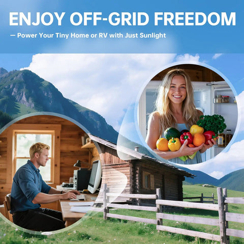 No Hassle Complete Off Grid Solar Power Kit Featuring Smart App Control Six 200W Premium Panels 3600W Inverter And 120A MPPT Controller Plug And Play For RV And Remote Cabin Living showing serene off-grid lifestyle.