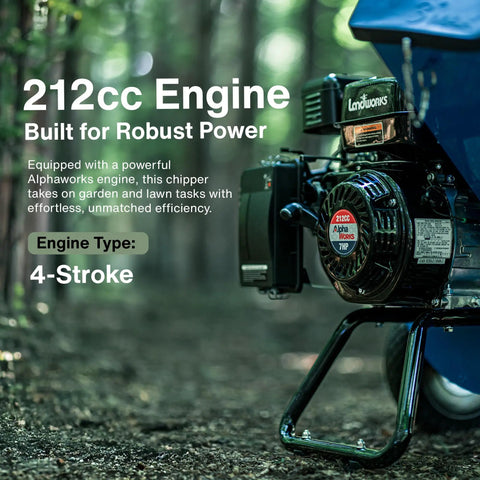 Beast Mode Heavy Duty Wood Chipper Shredder Mulcher Three In One 7 Horsepower engine close-up in forest setting