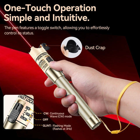 Front view of RAINLEOTI Visual Fault Locator pen with red light, knurled gold metal body and wrist strap