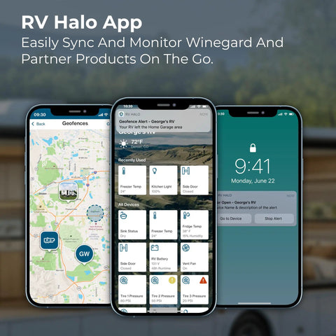 RV Halo App interface on smartphones for RV Halo Sensor Pack With Bluetooth Multi Sensor Kit For Real Time RV Monitoring