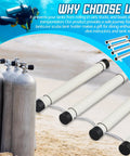 Scuba Tank Holder And Rack Gear Up For Up To Three Cylinders Durable PVC Plastic Dive Carrier To Keep Tanks From Rolling During Transport In Cars Trucks And Boats with tanks on beach