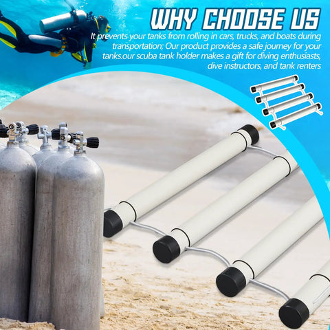 Scuba Tank Holder And Rack Gear Up For Up To Three Cylinders Durable PVC Plastic Dive Carrier To Keep Tanks From Rolling During Transport In Cars Trucks And Boats with tanks on beach