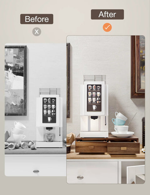 Acacia Wood Dual Drawer Coffee Pod Storage Organizer with coffee machine on top, walnut finish, two-tier with cups displayed