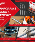 300 Piece Heavy Duty Workhorse Cotter Pin Kit With Zinc Plated Steel Linchpins For Tractor Trailer Truck Lawn Mower And Farm Tools Includes Snap Pins Hitch Pins And R Clips For Quick Repairs Rust Resistant And Built To Last, showing various pin types in plastic case and usage examples.