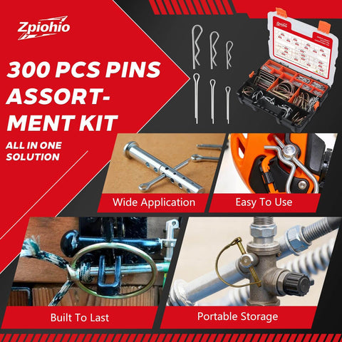 300 Piece Heavy Duty Workhorse Cotter Pin Kit With Zinc Plated Steel Linchpins For Tractor Trailer Truck Lawn Mower And Farm Tools Includes Snap Pins Hitch Pins And R Clips For Quick Repairs Rust Resistant And Built To Last, showing various pin types in plastic case and usage examples.