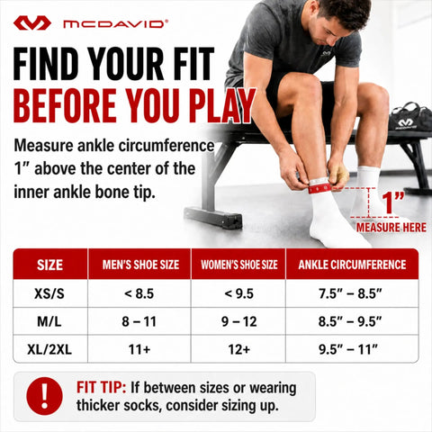 Guide for sizing Low Profile Lace Free Phantom Ankle Brace For Men Basketball And More with size chart and measuring instructions.