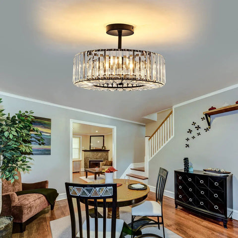 Black Round 4 Light Crystal Chandelier Semi Flush Mount Ceiling Fixture For Dining Room Living Room Farmhouse Style Chic