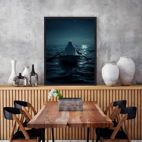 Moody Night Ocean Ghost Rowing Boat Poster Canvas Print With Gothic Minimalist Aesthetic Frame For Living Room And Bedroom Decor Black Framed Wall Art A Bold Statement Piece For Modern Home 24x36 Inches