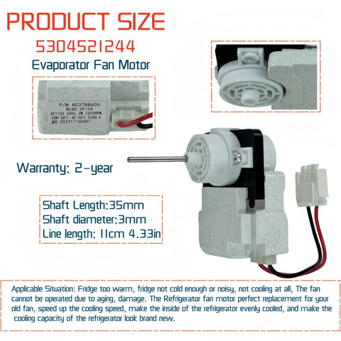 Evaporator Fan Motor Replacement 5304521244 Compatible With Frigidaire And White Westinghouse Refrigerators, side view.