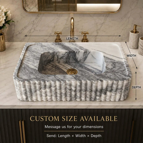 Calacatta Viola Marble Fluted Sink, Natural Stone Wall Mounted Washbasin, custom rectangular bathroom sink with measurements.
