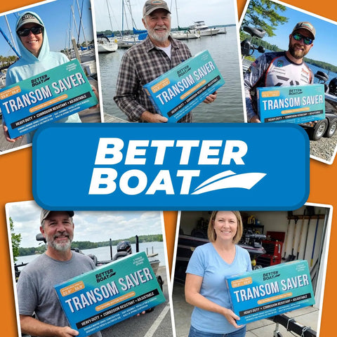 People holding Better Boat Adjustable Transom Saver For Outboard Motors Beefy Marine Grade Boat Trailering Support boxes