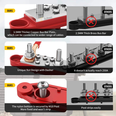 Comparison of 3.5mm copper and 2.5mm brass bus bars with nut design. Features of Beefy 12 Volt 250 Amp Power Distribution Block Bus Bar.