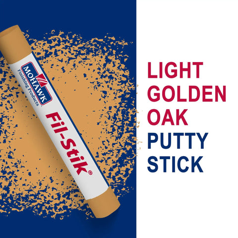 Light Golden Oak Wood Repair Wax Putty Stick For Scratches And Gouges on a blue background, showing the product packaging.