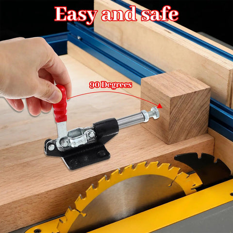 4 Pack Push Pull Toggle Clamps Delivering Badass 500 Lb Holding Power With Quick Release Stroke Action Heavy Duty Professional Grade For Woodworking And Welding Projects using lever on wooden block.