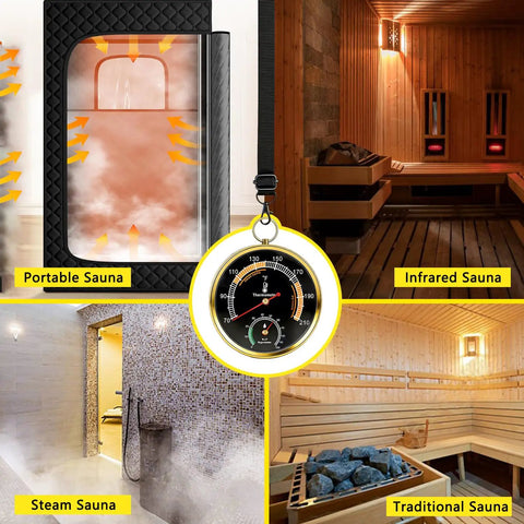 Portable Sauna Thermometer and Hygrometer Combo With Lanyard Mount For Home Steam Sauna No Brainer Temperature and Humidity Monitor Fahrenheit Readings From 68 To 212 Humidity 0 To 100 Percent Easy Hang Ring Design, shown with four sauna types
