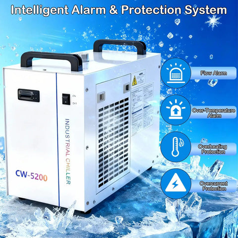 Heavy Duty Industrial Water Chiller With Six Liter Cooling Tank And Zero Point Nine Horsepower Pump To Keep CO2 Laser Engravers Locked In And Cutting Clean On The Shop Floor, featuring intelligent alarm system.