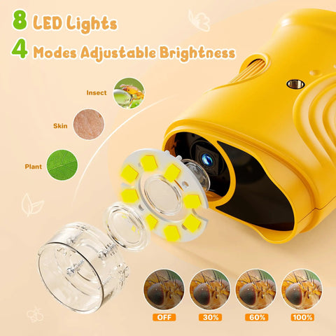 1000X Handheld Digital Microscope For Kids with 2 Inch IPS Screen showing LED lights and adjustable brightness settings