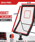 4x7Ft Backyard Lacrosse Rebounder With 5 Angles And Target Strip For Multi Sport Practice Built For Lacrosse Volleyball Baseball Softball Tennis And Soccer Great For Pro Level Drills And Real Game Like Rebounds, featuring product dimensions and accessories.