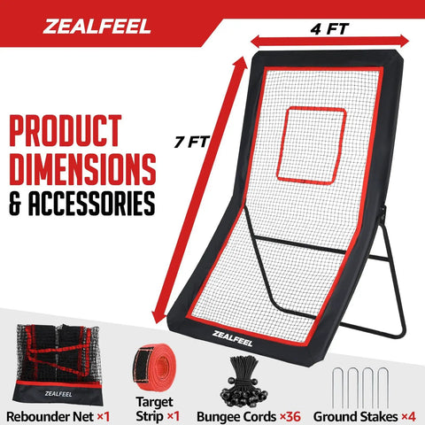 4x7Ft Backyard Lacrosse Rebounder With 5 Angles And Target Strip For Multi Sport Practice Built For Lacrosse Volleyball Baseball Softball Tennis And Soccer Great For Pro Level Drills And Real Game Like Rebounds, featuring product dimensions and accessories.