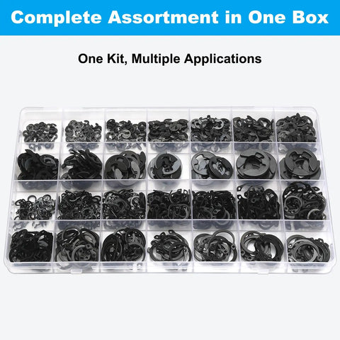 Industrial Grade Black Carbon Steel C Clips And E Clips Kit With 840 Pieces External Retaining Snap Rings For Automotive, Machinery, And Home Repairs Built Tough For Heavy Duty Vibration, Heat, And Corrosion Resistance, assorted sizes in organizer box