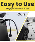 Display showcasing Tesla Outdoor Charging Port Cover For J3400 NACS Plug with weatherproof shield on and off a vehicle.
