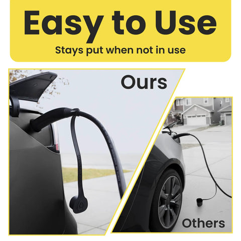 Display showcasing Tesla Outdoor Charging Port Cover For J3400 NACS Plug with weatherproof shield on and off a vehicle.