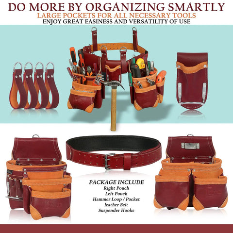 Grain Leather Tool Belt Rig Pro Grade with 18 Pockets Double Pouches Hammer Holders Padded Belt for construction work