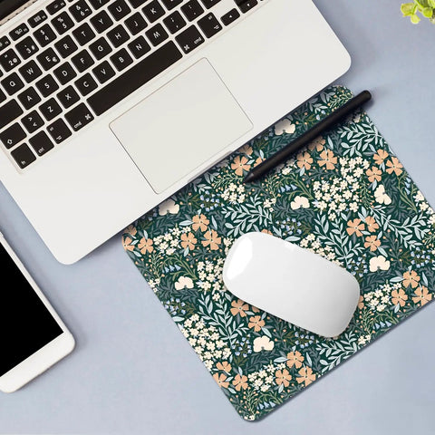 Cute Floral Mouse Pad With Stitched Edges, Non Slip Rubber Base, 9.25 By 7.75 Inch Desk Pad For Home Office, Washable, Vintage Garden Vibe.