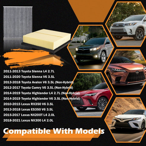 Engine Air Filter And Cabin Air Filter Kit For Toyota Camry Avalon Sienna Highlander And Lexus Non-Hybrid Models 2011-2020 With vehicles